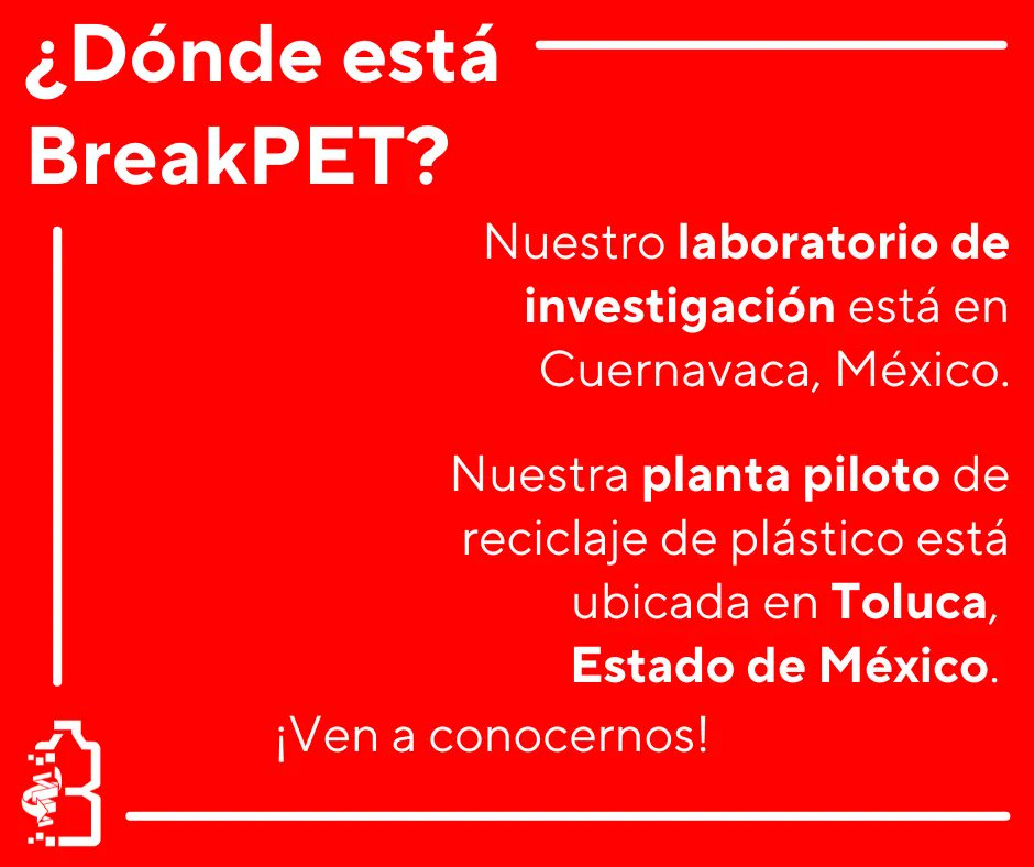 Break_pet's tweet photo. ¿Dónde está BreakPET? 🔬🧪

Nuestro laboratorio de investigación 👓🥼  está en Cuernavaca 🌼, México.‍ 👩‍🔬🧠👨‍🔬

Nuestra planta piloto de reciclaje de plástico ♻️⚗️ está ubicada en Toluca, Estado de México. 🗺️📍🇲🇽

🕺 ¡Ven a conocernos! 💃 https://t.co/BQWYyvlhRy