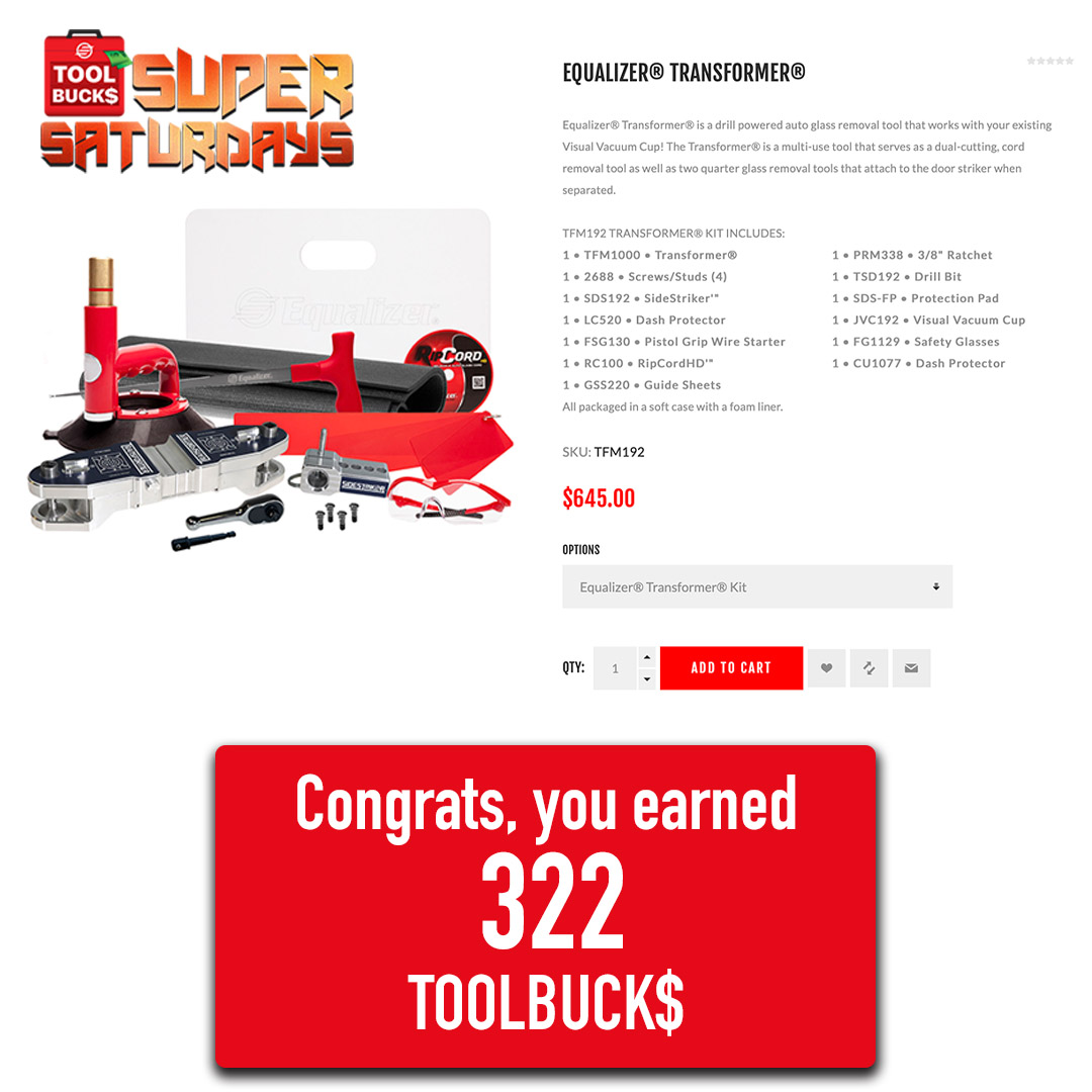 equalizertools's tweet photo. ⚠️ Super Saturday! ⚠️
Order online today and earn 5X more TOOLBUCK$! If you ordered a Transformer® Kit you would earn $322 towards future purchases. 

#equalizertools #supersaturday #toolbucks #autoglasstools #autoglass #sale #autoglasstech https://t.co/uFBzx1IKVi