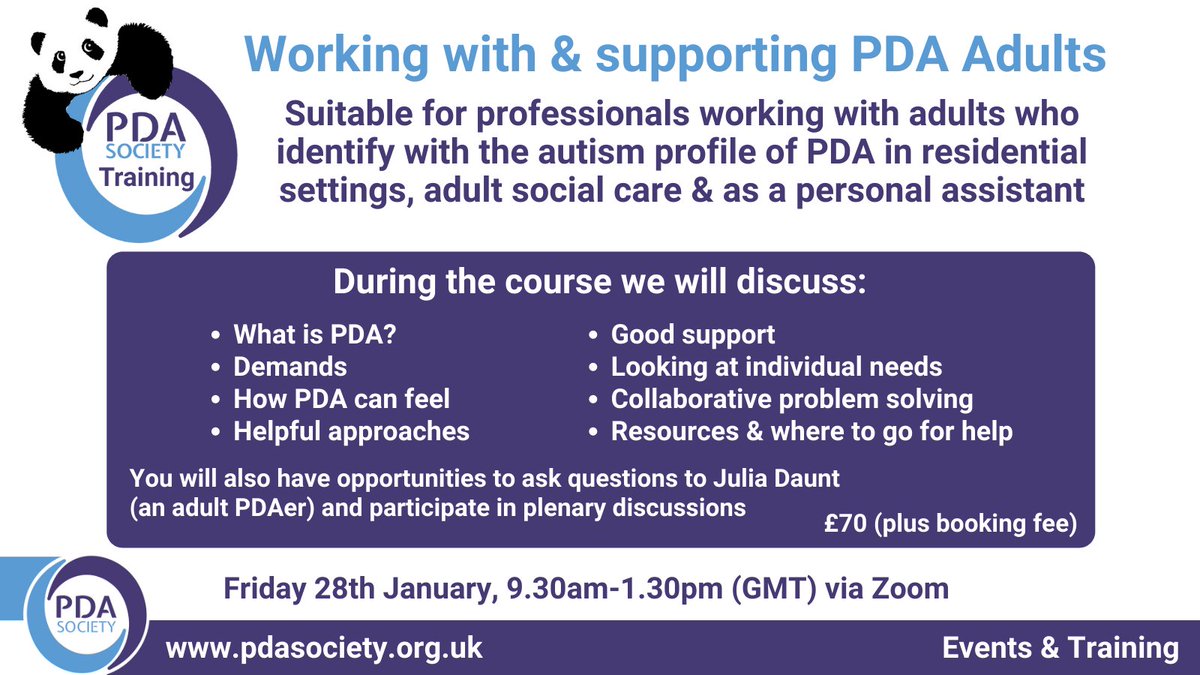 Professionals who work in adult social care, an adult residential setting or as a personal assistant can find out more about supporting #PDA adults in our live online course next week: eventbrite.co.uk/e/working-with…

Includes Q&amp;A with adult PDAer <a href="/Julia_PDA_Daunt/">Julia PDA Daunt</a> 

#SocialCare