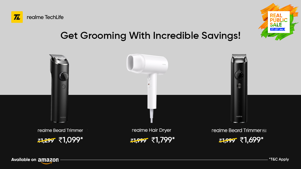 realmenarzoIN's tweet photo. Add style to your life with smashing offers at the #realPublicSale!

Grab the #realmeBeardTrimmer, #realmeHairDryer &amp; #realmeBeardTrimmerPlus at amazing prices*!
#YourStyleExpert

*T&amp;C Apply

Head here: https://t.co/8RWqoFbT0E https://t.co/Lsy3v0oir9