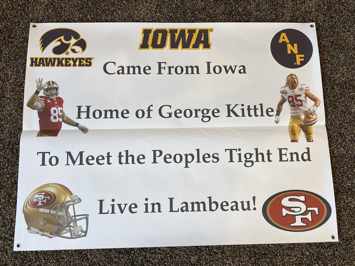 YellowBaron28's tweet photo. Ready for the game today in Lambeau! Hoping @gkittle46 notices my sign in the front row close to the Niners Bench! Let’s go @49ers https://t.co/UiokJ0DAf6