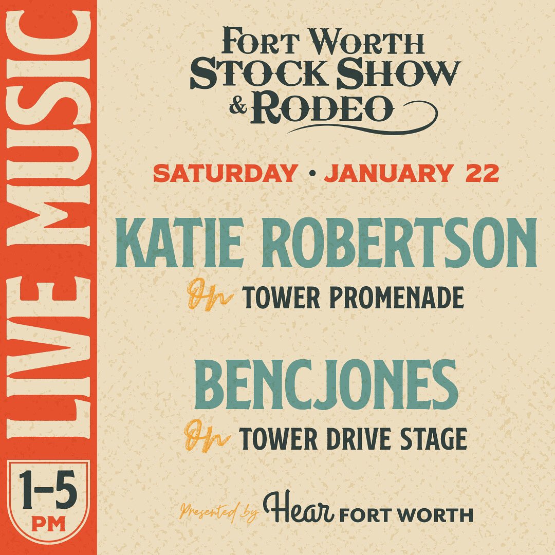 HearFortWorth's tweet photo. Saturday 1-5pm at @fwssr
See #KatieRobertson on Tower Promenade & @Bencjonesmusic on the Tower Drive Stage at @WillRogersMC
Also on Tower Drive Discover #ArielDavis’s HUGE Street Mural #StockShowDayDreaming
#RiseAndShine #HearFortWorth https://t.co/qyaPGGF87G