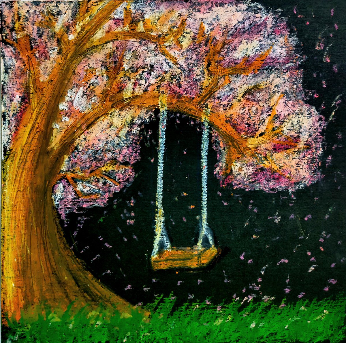 『桜』
クレヨンアート

ブランコ描いたらなんか少し悲しい雰囲気になっちゃった（笑）
桜もうちょっと練習したい！！