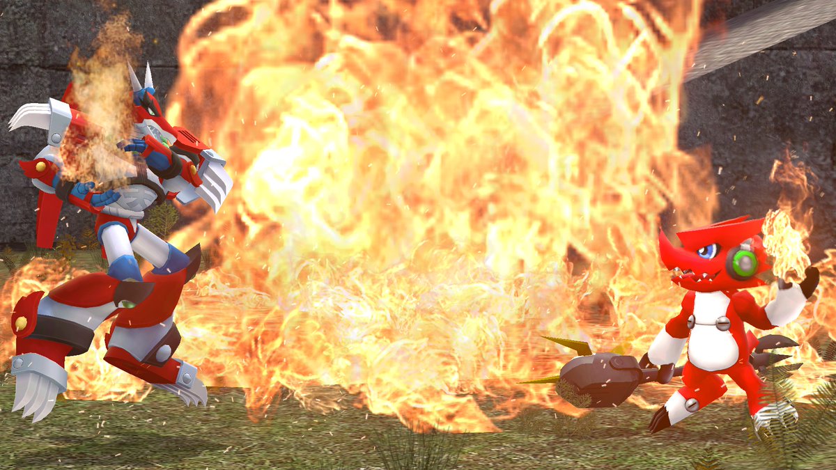 FlameTM_Oficial's tweet photo. I feel like these 2 would get along in the most badass way possible, like, "talk with your fists" kinda way -#DigimonXrosWars #Digimon #シャウ #デジモン #シャウトモン #デジモンクロスウォーズ #DigimonFusion #Gmod #megaman #Rockman #ROCKMANXDiVE  #MagmaDragoon https://t.co/SsKKLGkDLP