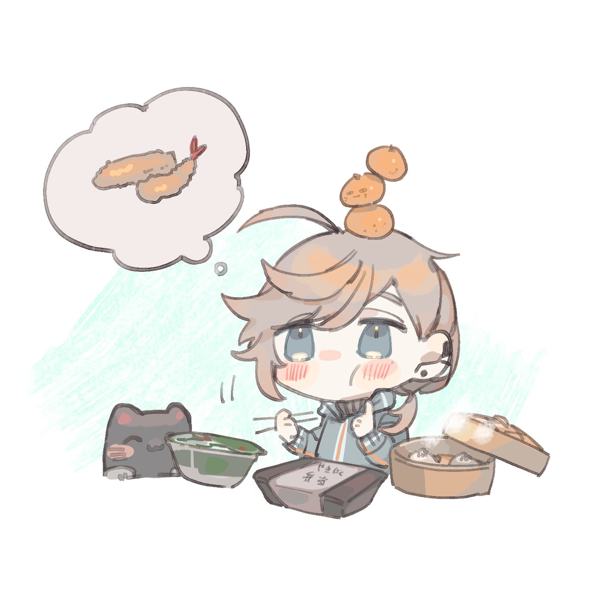 1boy male focus food jacket thought bubble food on head chibi  illustration images