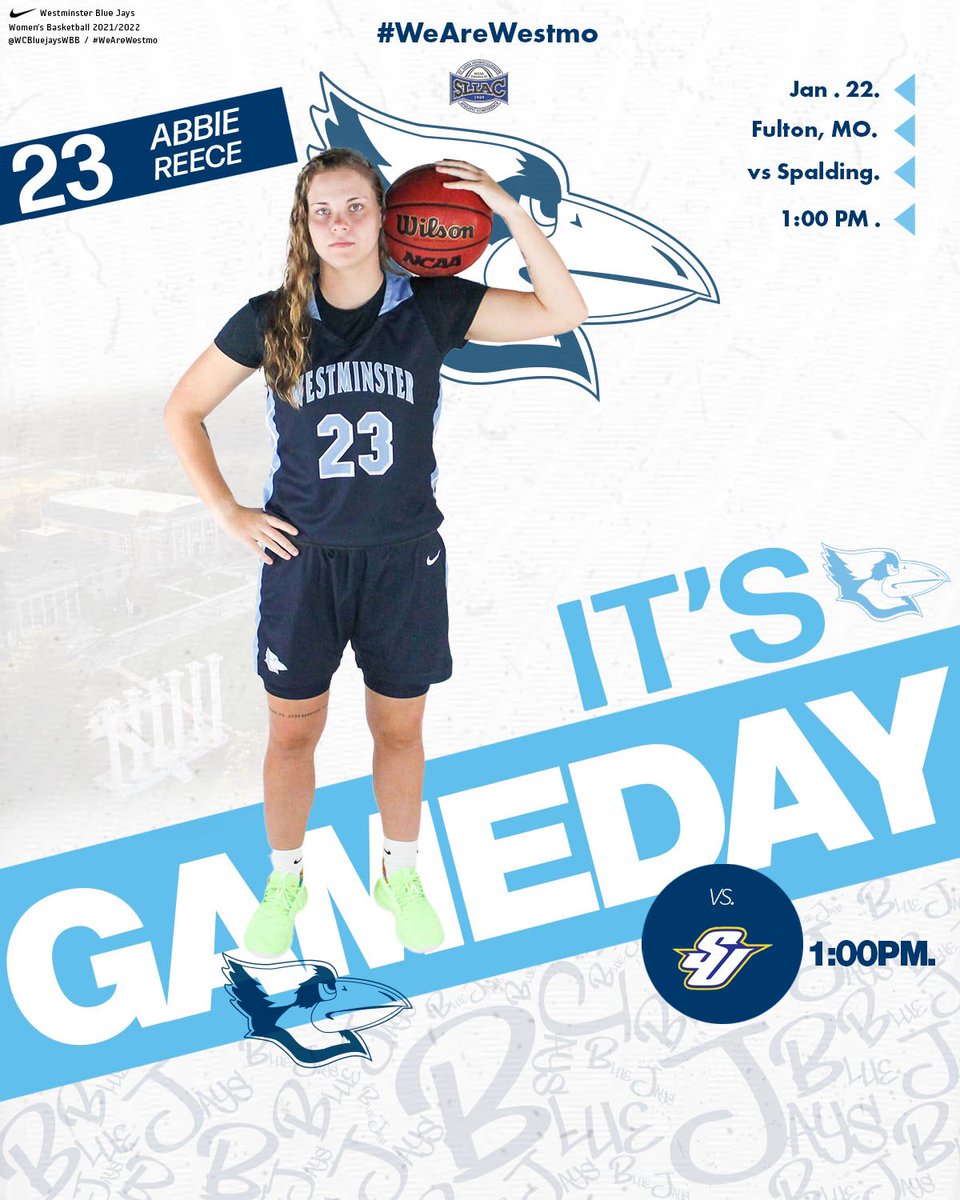 WC_BlueJays's tweet photo. IT’S GAMEDAY!!!
The Westminster College @WCBluejaysWBB team takes to the Historic Gym floor once again today hunting for another SLIAC victory!

🆚 @SUGoldenEagles 
📍 Fulton, MO
⌚️ 1:00 p.m. CST
📺 https://t.co/F7ZWFoRzlz https://t.co/TvMxSmhB9O