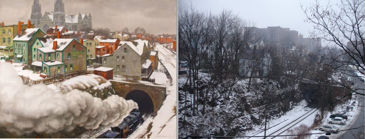 simplesue's tweet image. Oakland, 15213 Schenley Train Tunnel, Snow &amp;amp; Steam, Everett Warner (scene in photo has already changed, CMU tore down houses)