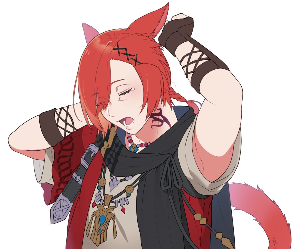 male focus x hair ornament 1boy miqo'te animal ears solo red hair  illustration images