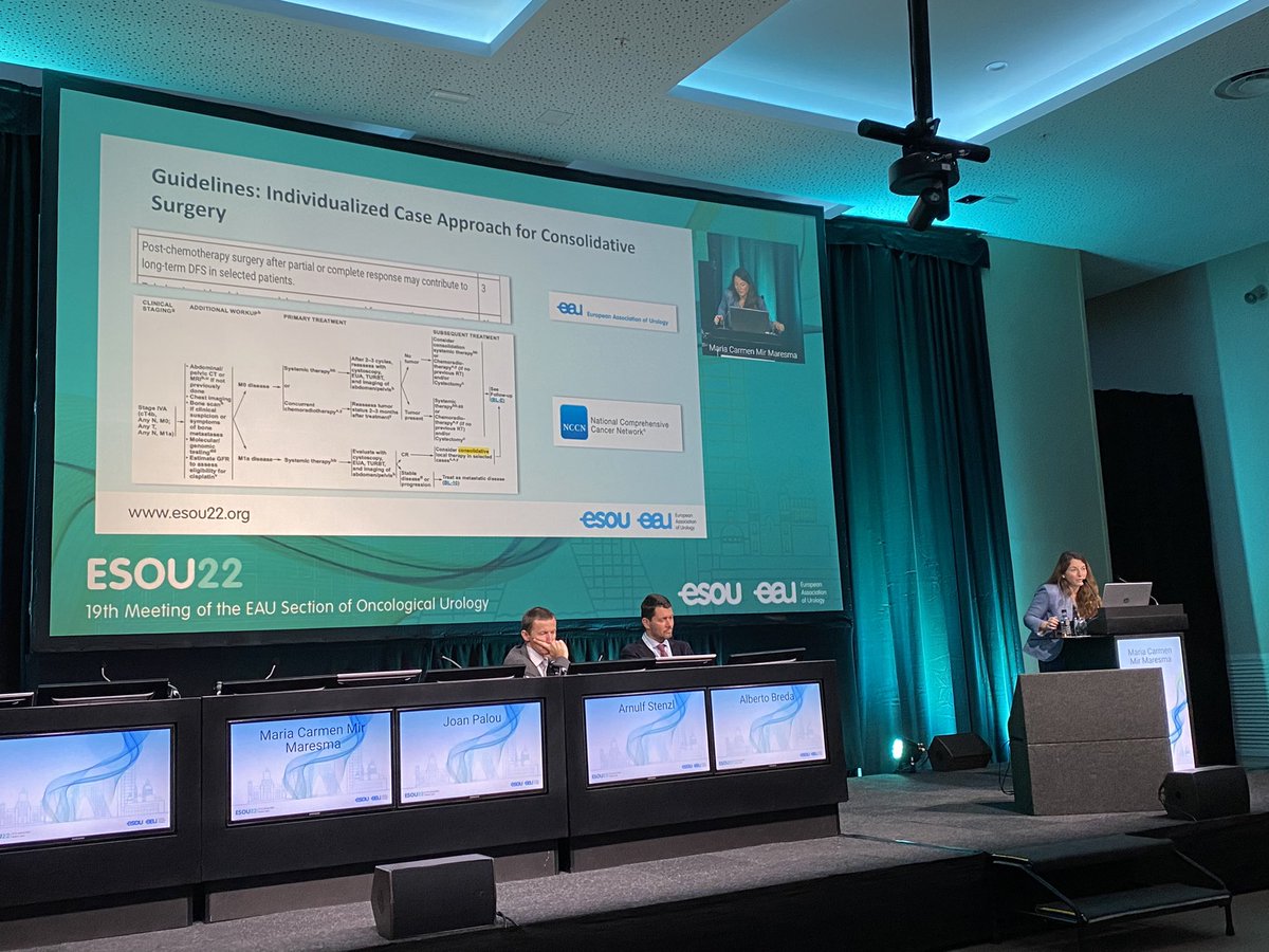 ArturLeminski's tweet photo. Selected patients with oligometastatic #bladdercancer who respond to #chemo might benefit from aggressive treatment of the primary, with either #cystectomy or #radiation. Thought-provoking lecture from M.C.Maresma at #esou22 @Uroweb @joanfundi https://t.co/90n4sv2zu2