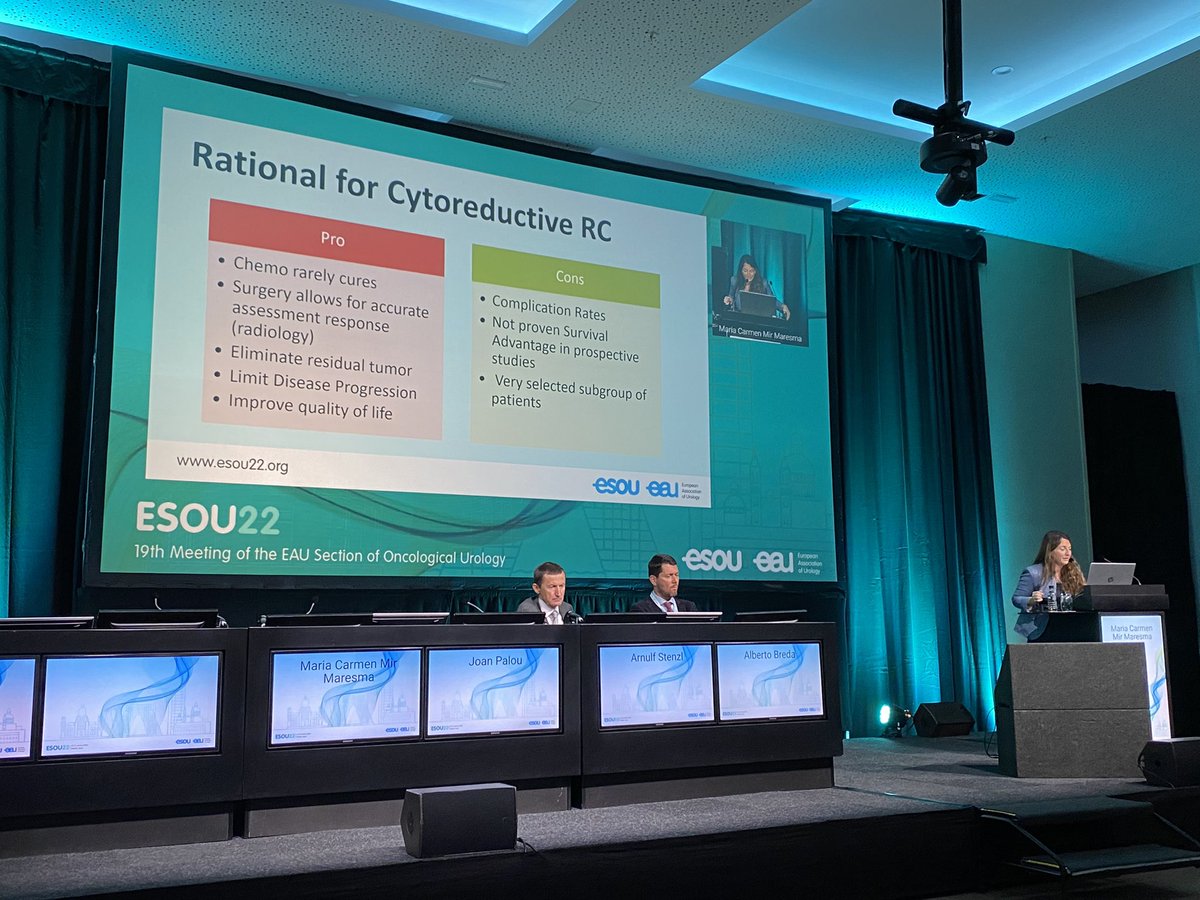 ArturLeminski's tweet photo. Selected patients with oligometastatic #bladdercancer who respond to #chemo might benefit from aggressive treatment of the primary, with either #cystectomy or #radiation. Thought-provoking lecture from M.C.Maresma at #esou22 @Uroweb @joanfundi https://t.co/90n4sv2zu2