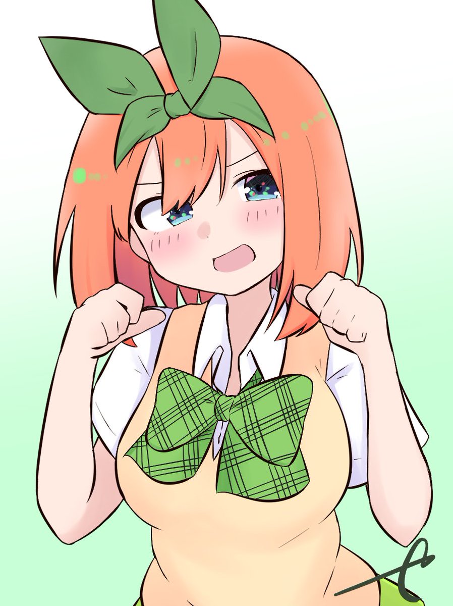 nakano yotsuba 1girl eyebrows hidden by hair solo signature green ribbon blush ribbon  illustration images