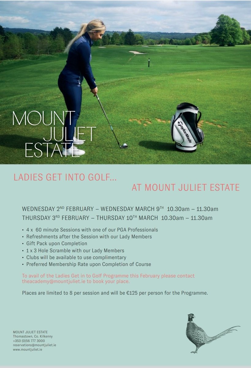 Ladies Get into Golf Returns this February at Mount Juliet Estate with limited spaces available contact theacademy@mountjuliet.ie now to reserve your space for lessons with our PGA Professional Team #ladiesgetintogolf #LadiesGolf #MountJulietEstate #MountJulietGolf #Golf #Ireland