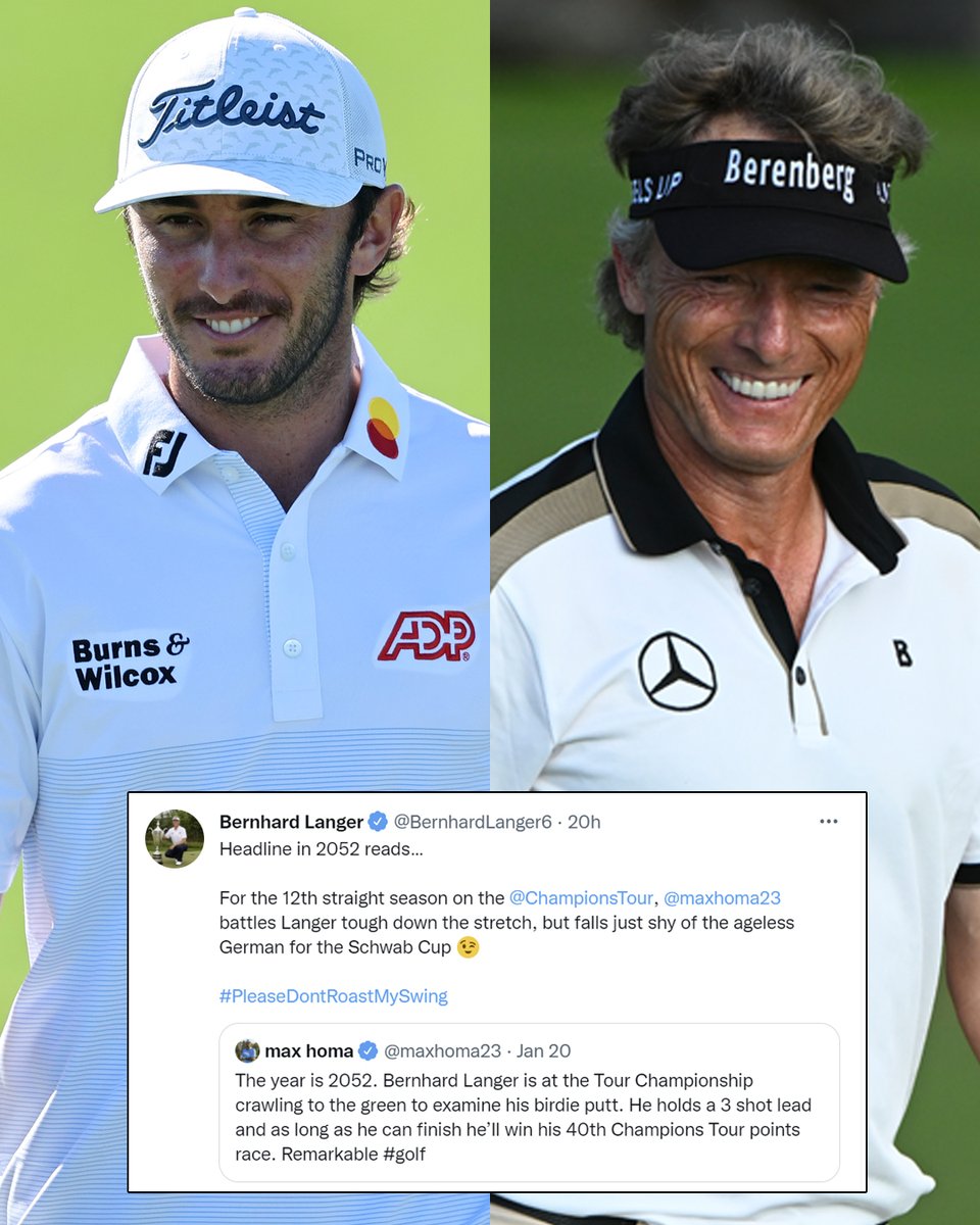 ChampionsTour's tweet photo. .@BernhardLanger6 and @maxhoma23 tweeting at each other is peak social media. 

#PleaseDontRoastMySwing 😂 https://t.co/QeKvadngF4