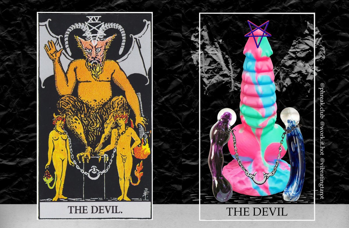 VibratingTarot's tweet photo. This Devil card features Dovah, an award winning fantasy silicone toy, hand made in the UK by @Phreakclub
The two shackled prisoners are glass toys from #workithot, a small studio in Niagara Falls, Canada.
Thank you to everyone who has taught me something along this journey. https://t.co/1lvv5UtpRQ