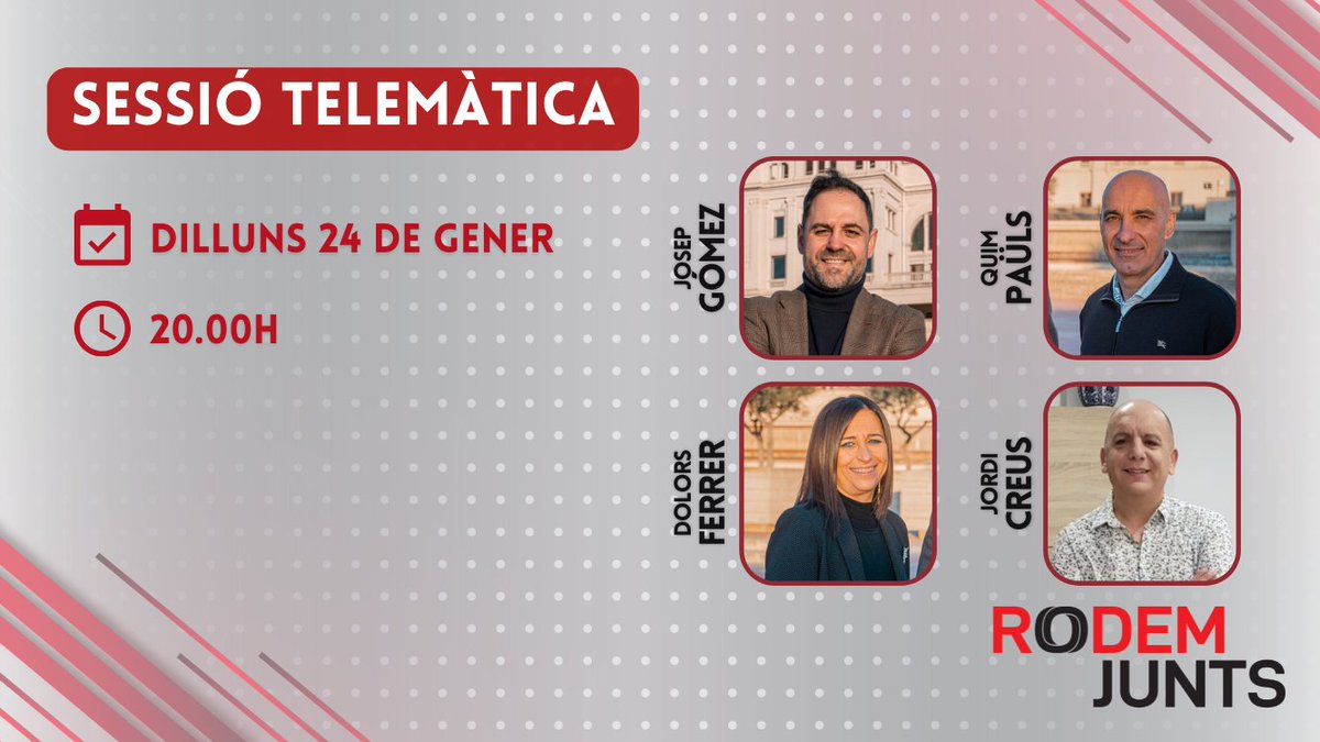 RodemJunts's tweet photo. Sessió telemàtica 🖥️
📆 Dilluns 24 de gener
⏰ 20.00h
👀 Vine i coneix el programa de la nostra candidatura
👉 Uneix-t'hi aquí: https://t.co/E6fegvzP1j
#RodemJunts https://t.co/K2FlZvPlqF