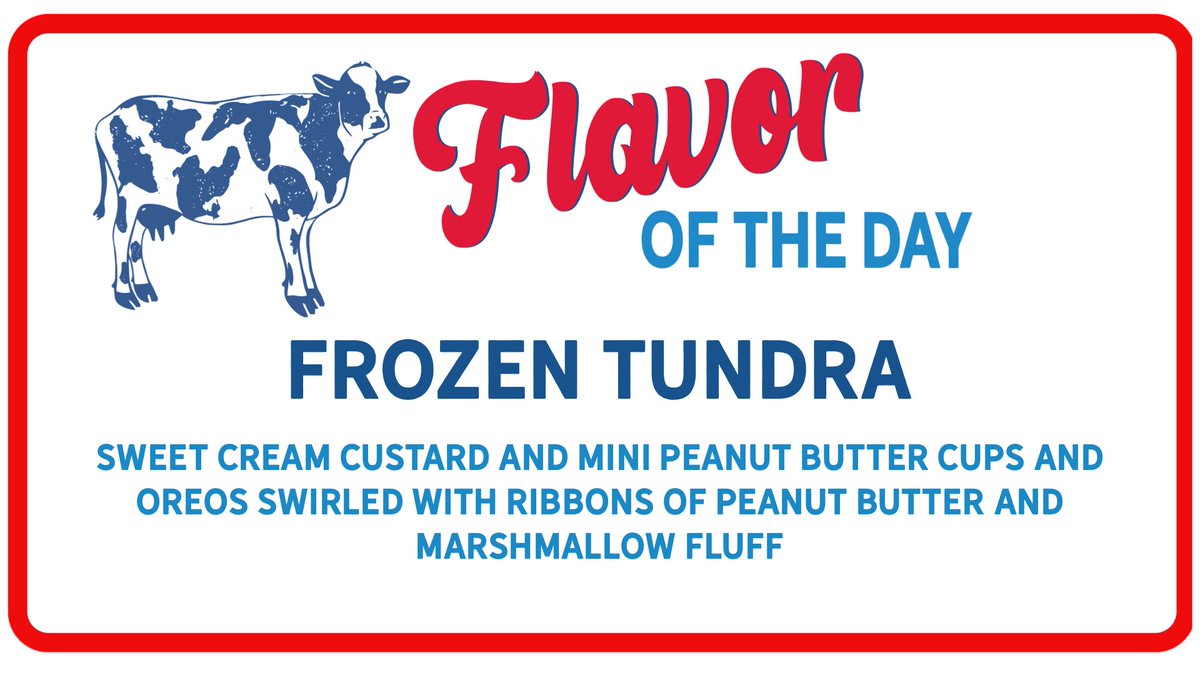 Today’s Flavor of the Day, Saturday, January 22, 2022, is Frozen Tundra. Sweet cream custard and mini peanut butter cups and Oreos, swirled with ribbons of peanut butter and marshmallow fluff
<a href="/3rdStMarketHall/">3rd Street Market Hall</a> #gopackgo