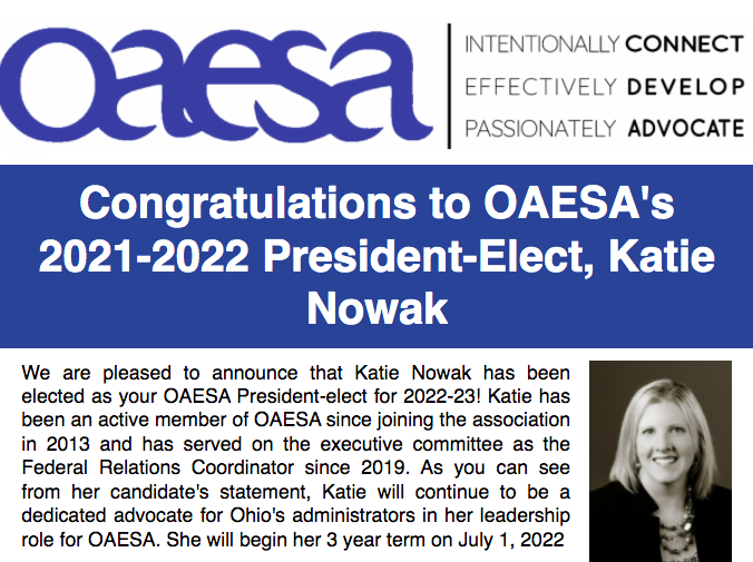 KatherineRNowak's tweet photo. I am honored and thrilled to serve the Ohio Association of Elementary School Administrators as President Elect! @OAESA #IntentionallyConnect #EffectivelyDevelop #PassionatelyAdvocate #OAESAForYou https://t.co/QWr5GDW7ZC
