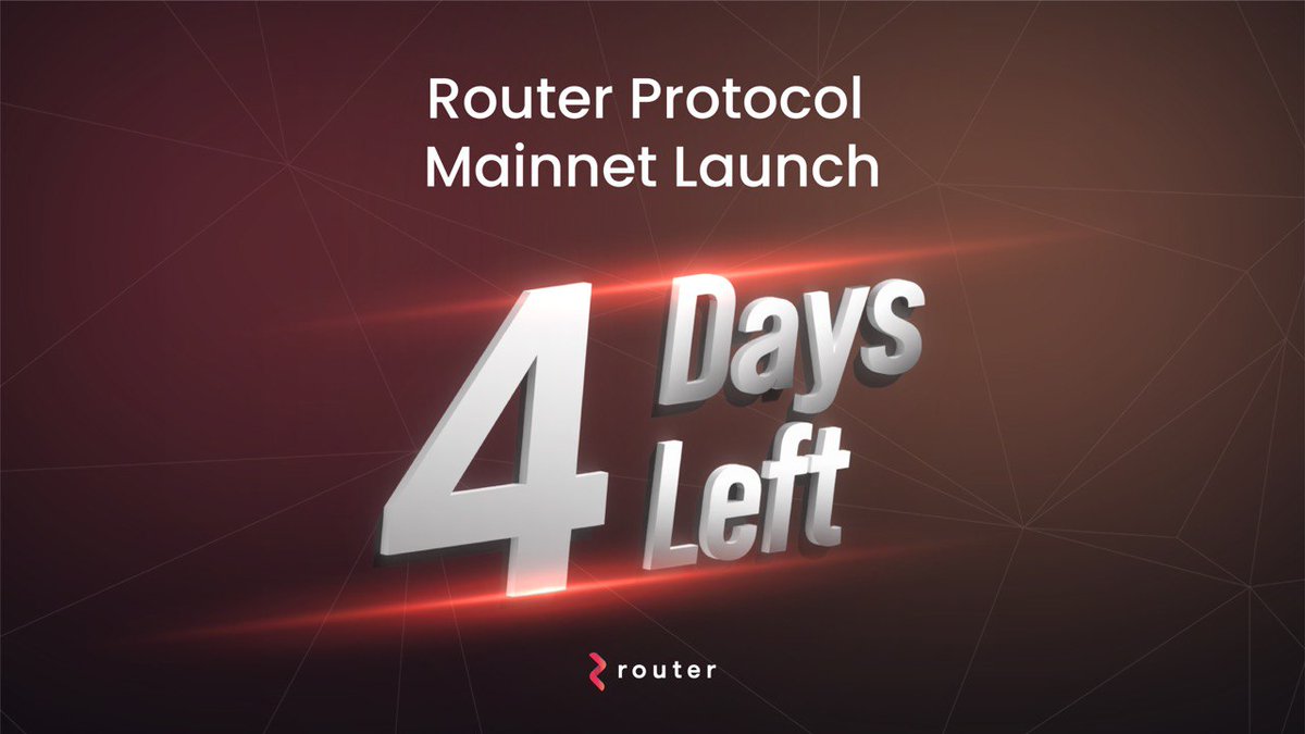 routerprotocol's tweet photo. It is getting closer 🤩

Just 4⃣ days to go for the launch of Router Protocol Mainnet 🎊

$ROUTE
#RouterProtocol #RouterMainnet #Crosschain #RouterArmy https://t.co/Wik5zZZ5EC