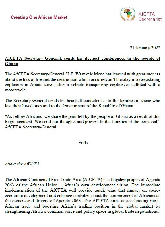 AfCFTA's tweet photo. The statement of H.E. @MeneWamkele , the Secretary-General of the #AfCFTA Secretariat regarding the #Apiate explosion.
#Ghana
#WesternRegion https://t.co/rK2SZgfM2N