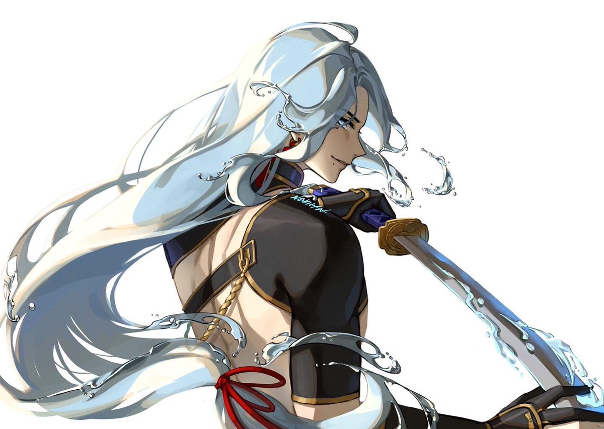shenhe (genshin impact) weapon sword long hair solo holding holding weapon holding sword  illustration images