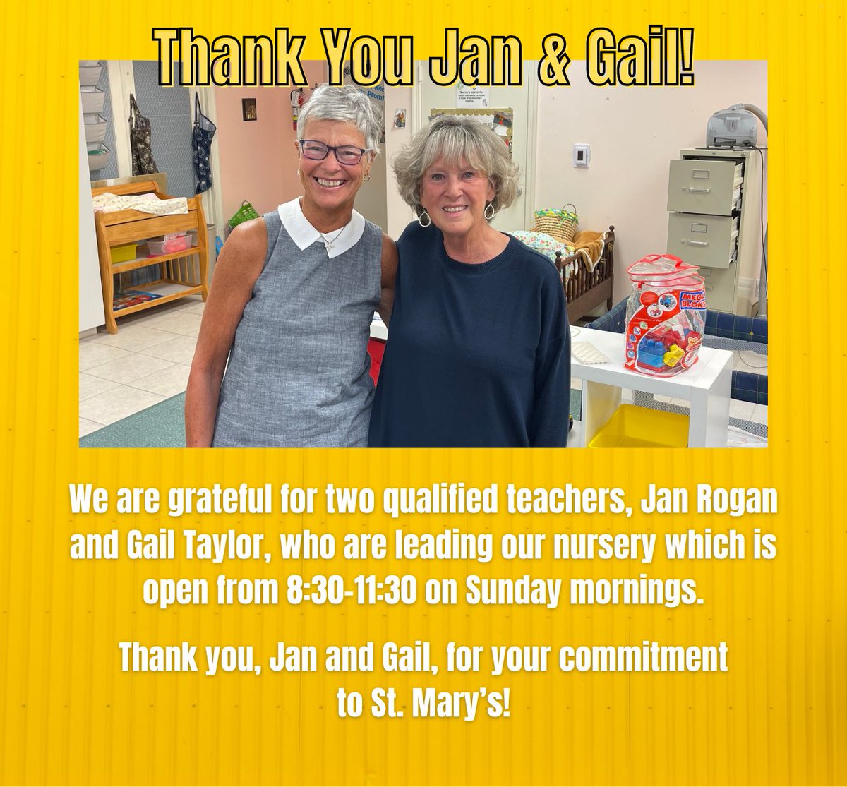 StmarysStuart's tweet photo. Thank you Jan and Taylor for leading the NEW NURSERY ministry! These two ladies are teachers in their own right and bring their gifts for teaching children and passion for Jesus to the nursery! We are grateful! #ACallToExcellence https://t.co/hY0WBdQkZ5