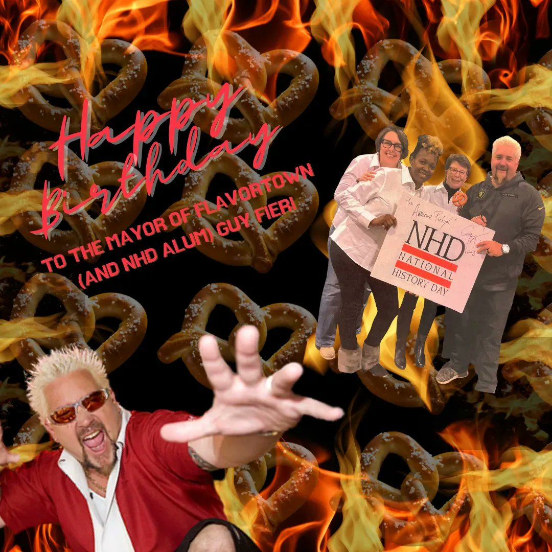 NationalHistory's tweet photo. We'd like to wish a very happy birthday to #NHDAlum @GuyFieri!

#DYK - Guy Fieri competed at the #NHD National Contest in 1982? The annual theme that year was Trade &amp; Industry in History. His project focused on the history of the pretzel. https://t.co/koBK9tJu6C