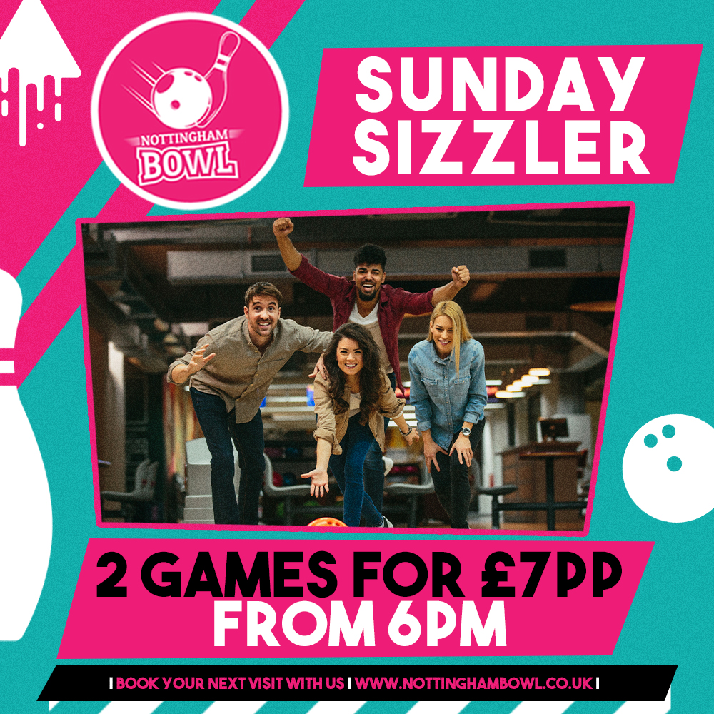 NottinghamBowl's tweet photo. Sign off your weekend in style with our Sunday Sizzler deal 🥵

Treat yourself to 2 games for only £7pp when you join us from 6PM, every Sunday 🥰

https://t.co/gLQDA6feLg 📲

#NottinghamBowl #Bowling #Nottingham #DiscoDarts #FamilyBowl #Bowl #TangoIceBlast #Arcade #food #Drinks https://t.co/sbaKGAZN3B