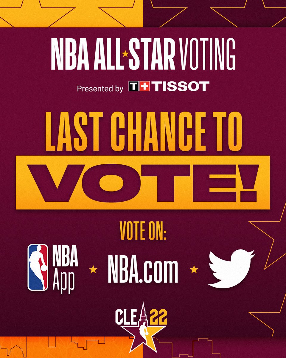 NBAAllStar's tweet image. It's YOUR LAST CHANCE TO VOTE 🗳️

#NBAAllStar Voting presented by @TISSOT concludes at 12:00 AM ET... Vote on the NBA App, Vote.NBA.com or on Twitter using #FirstNameLastName and #NBAAllStar 
app.link.nba.com/e/All-Star-22