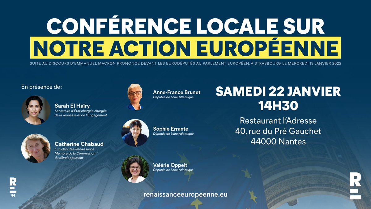 RenewEuropeFRA's tweet photo. Nantes, Toulouse, Bayonne, Montpellier, retrouvez @sarahelhairy , @Ambroise_Mejean et vos eurodeputés @laurencefarreng, @ITolleret @CathChabaud, @ilanacicurelrem pour échanger sur le projet🇪🇺d’@EmmanuelMacron ! 

#ChangerlEurope #PFUE2022 https://t.co/IEKF9Uy5Si