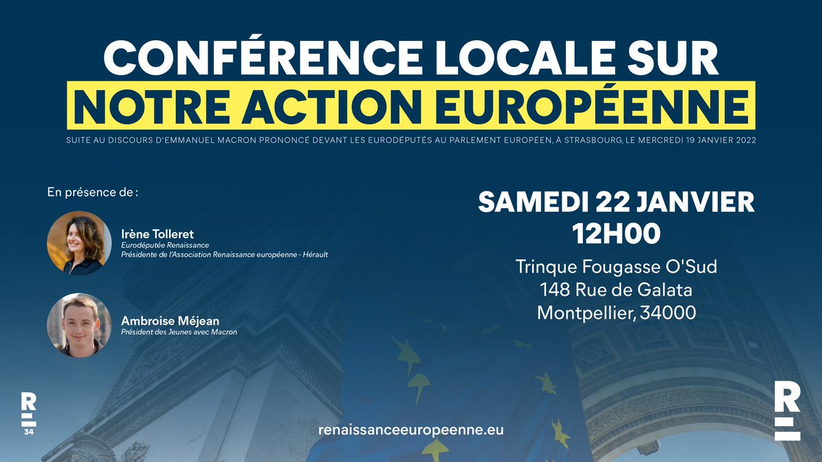 RenewEuropeFRA's tweet photo. Nantes, Toulouse, Bayonne, Montpellier, retrouvez @sarahelhairy , @Ambroise_Mejean et vos eurodeputés @laurencefarreng, @ITolleret @CathChabaud, @ilanacicurelrem pour échanger sur le projet🇪🇺d’@EmmanuelMacron ! 

#ChangerlEurope #PFUE2022 https://t.co/IEKF9Uy5Si