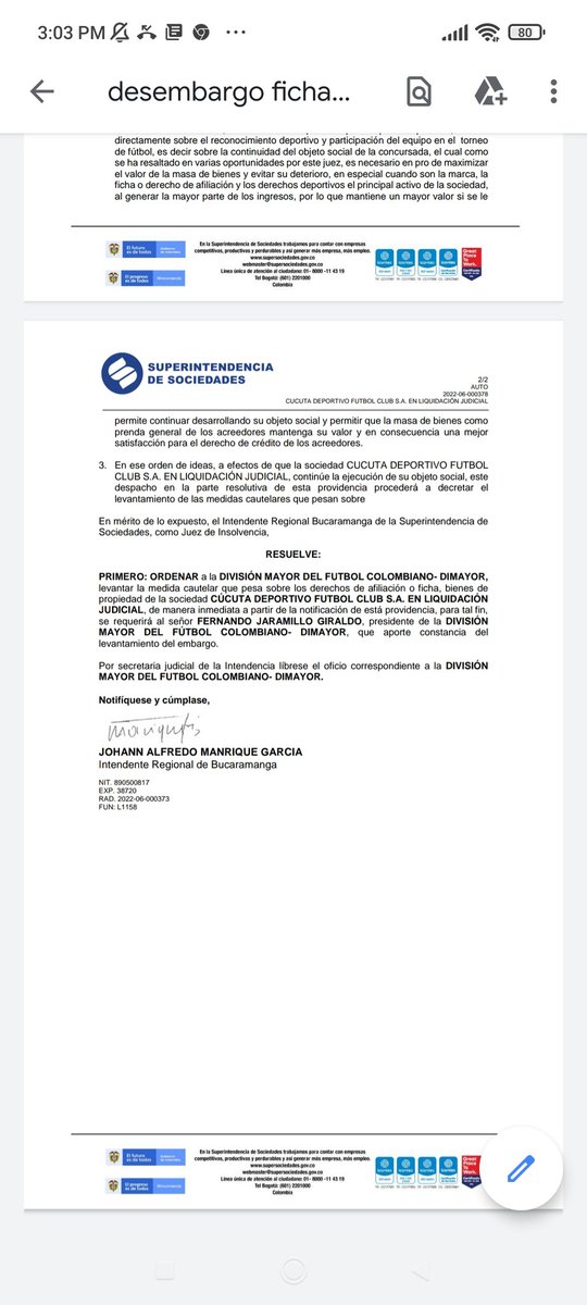 fredyparada90's tweet photo. ES UN HECHO: la @SSociedades le ordena a la @Dimayor levantar de manera inmediata la medida cautelar que pesa sobre el @Cucutaoficial . Es un logro del presidente @IvanDuque de @SilvanoSerranoG y @JuanCapacho . Ojalá el alcalde y sus aulicos no se atraviesen como mulas muertas. https://t.co/d0QEBk3r9U
