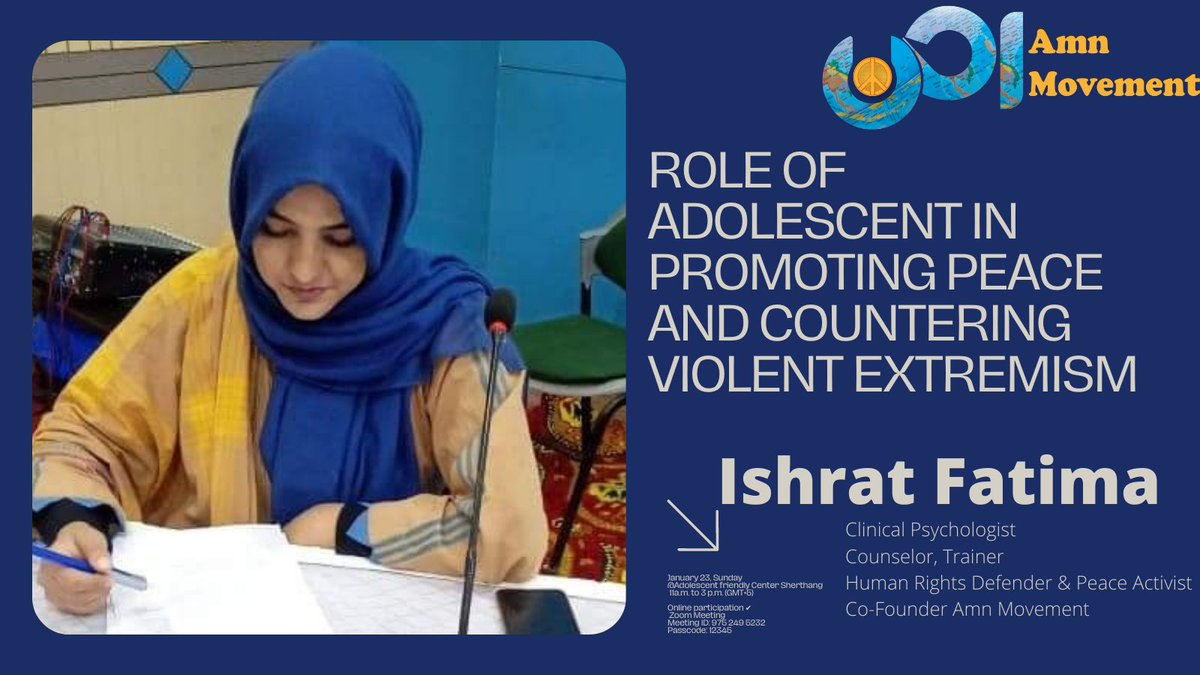 AmnMovement's tweet photo. WE ARE THRILLED TO ANNOUNCE OUR FIRST INTRODUCTORY SESSION 
 "Role of Adolescent in Promoting Peace and countering Violent Extremism"
Today 
11 a.m to 3 p.m
For online participation 👇
Join Zoom Meeting
Meeting ID: 975 249 5232
Passcode: 12345 https://t.co/IMtgSpTU8C