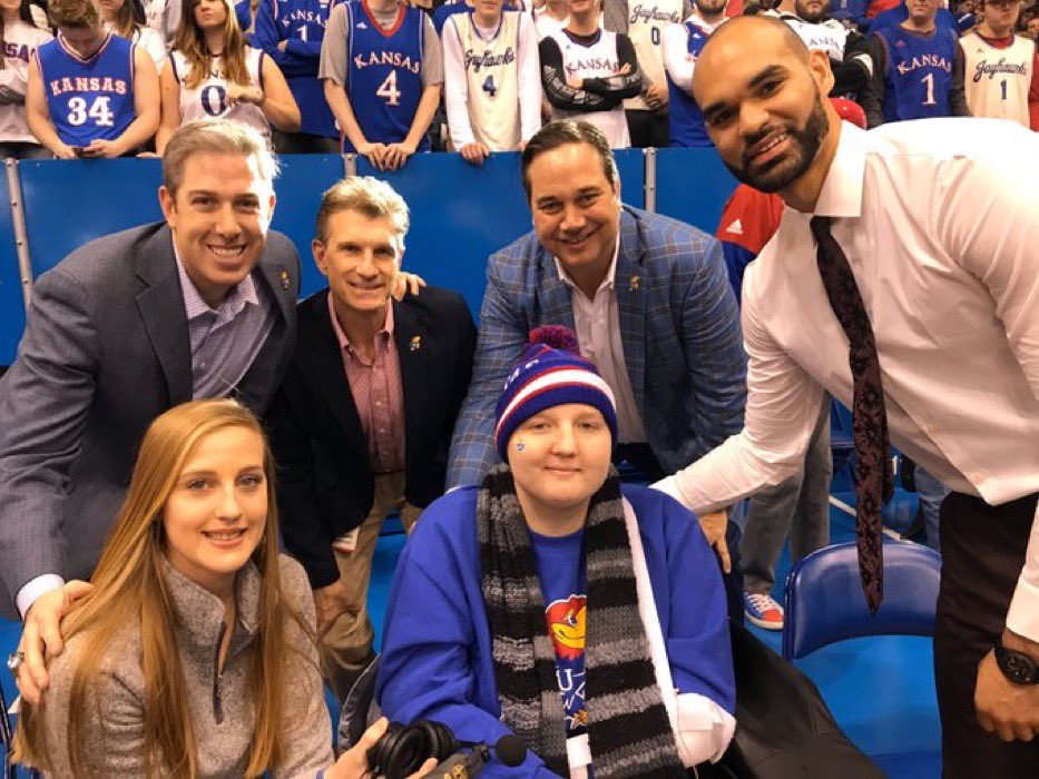 BHanni's tweet photo. Today’s #KUCancerFighter is the late Raegan Boden of Smith Center. Raegen courageously battled brain cancer for 2 years &amp; her family requested she be remembered today because she always loved cheering on her Jayhawks in the Sunflower Showdown. We celebrate your legacy, Raegan! ❤️ https://t.co/LJuA845nXJ