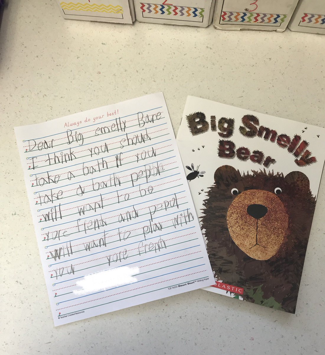 Guided reading group! We read Big Smelly Bear, discussed personal hygiene and wrote a persuasive letter to convince Big Smelly Bear to take a bath! 💗 #1stgrade #studentteacher