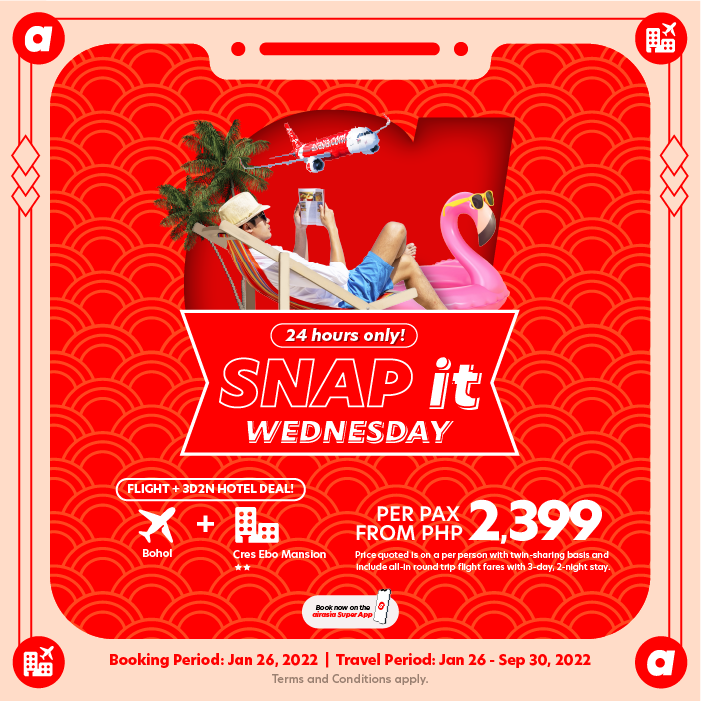 AirAsiaFilipino's tweet photo. Grab this lucky sulit flight + hotel deal NOW for your future BOHOL trip and SAVE MORE!

Enjoy an all-in return flight + 3D2N stay at Cres Ebo Mansion, Bohol from only Php 2,399/pax. This promo is available for 24 hours only so SNAP it now at https://t.co/pIEHuf5iyV https://t.co/ngRjiFlIJV