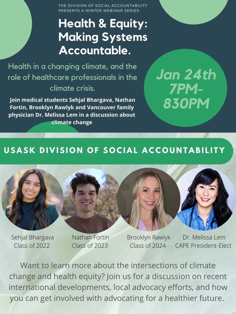 Register for this climate and health advocacy webinar happening on Monday right here: usask-ca.zoom.us/meeting/regist… <a href="/SehjalB/">Sehjal Bhargava, MD, MPH, CCFP</a> <a href="/BrooklynRawlyk/">Brooklyn Rawlyk</a> <a href="/Melissa_Lem/">Dr. Melissa Lem</a> @USaskMedDean <a href="/CFMSFEMC/">Canadian Medical Students</a> <a href="/CFMS_HEART/">CFMS HEART 🌎</a>