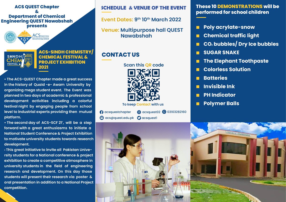 acsquest1's tweet photo. Dear Students,
The wait is over and countdown starts today. Here we ACSians and QUESTians are back with our Grand show of QUEST Nawabshah "Sindh Chemical/Chemistry Festival 2021"
The Grand Festival is going to be held on 9th,10th March 2022
#SCF21
@ACSUndergrad @AmerChemSociety https://t.co/NfX0dr8aQ2