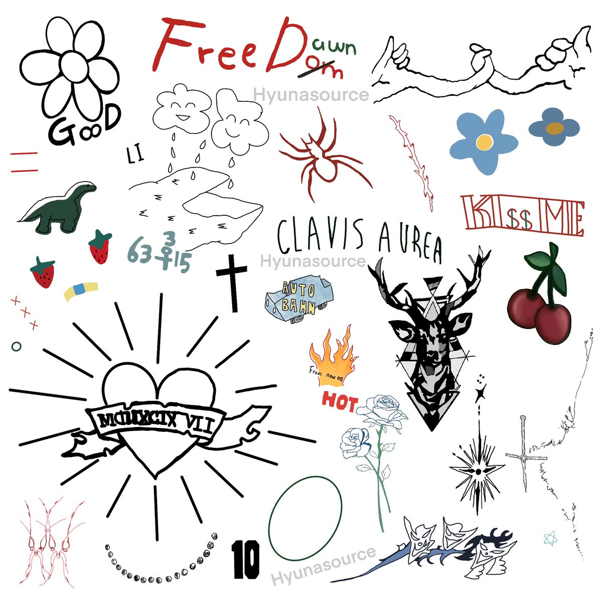 #DAWN's tattoo collection 

His are so detailed and different from hyunas so they aren't 100% accurate just the best i could do! Let me know if i've missed any!

🦕🍓🔥🕷️🍒