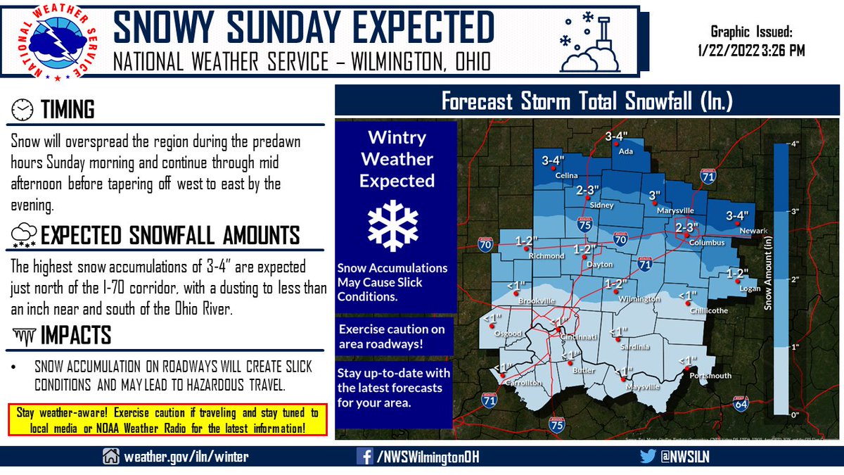 [3:50 PM] Snow will overspread the area during the predawn hours Sunday and continue through mid afternoon. The greatest accumulations are expected near/north of I-70 with little to no snow south of the Ohio River. Visit weather.gov/iln/winter for more info for your area!