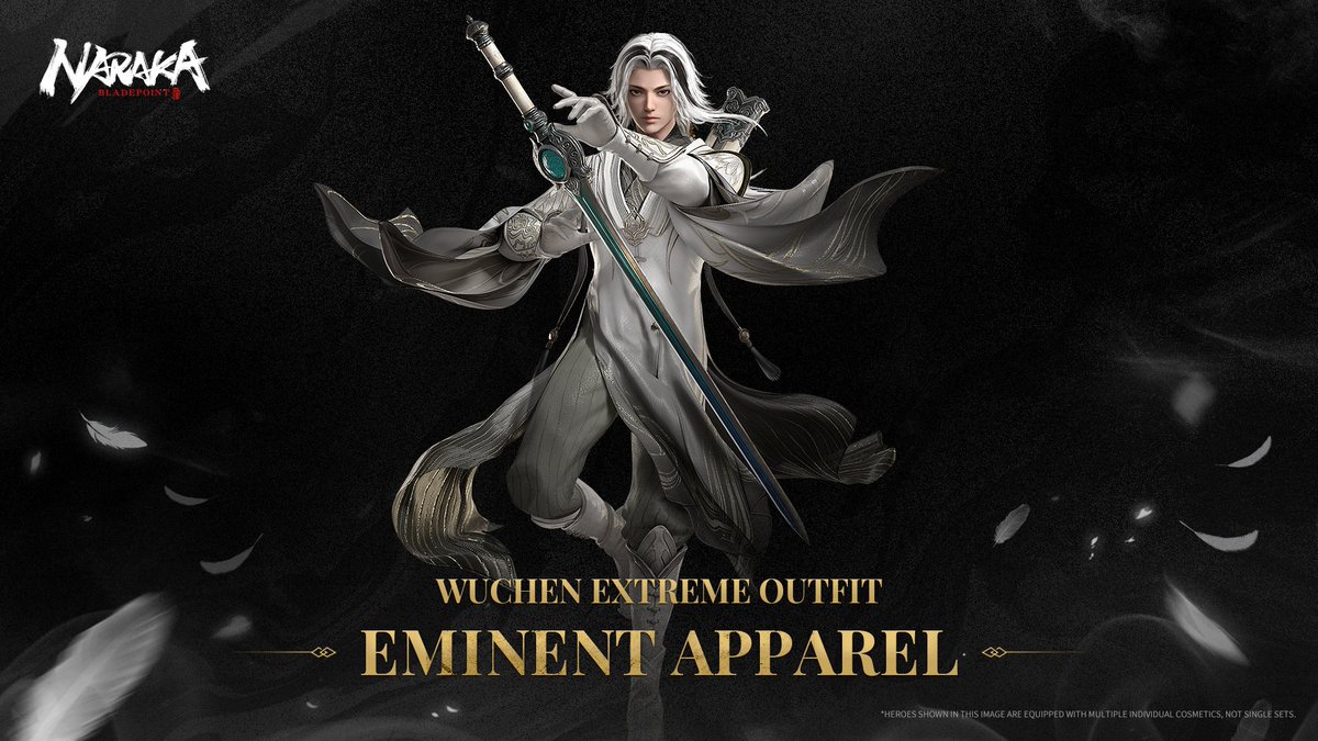 NarakaIt's tweet photo. Può indossare solo bianco e nero, ma ha un senso della moda micidiale. Wuchen, l'Implacabile è arrivato a #NARAKABLADEPOINT con il suo outfit Mitico, Eminent Apparel! https://t.co/keT8CEldbH