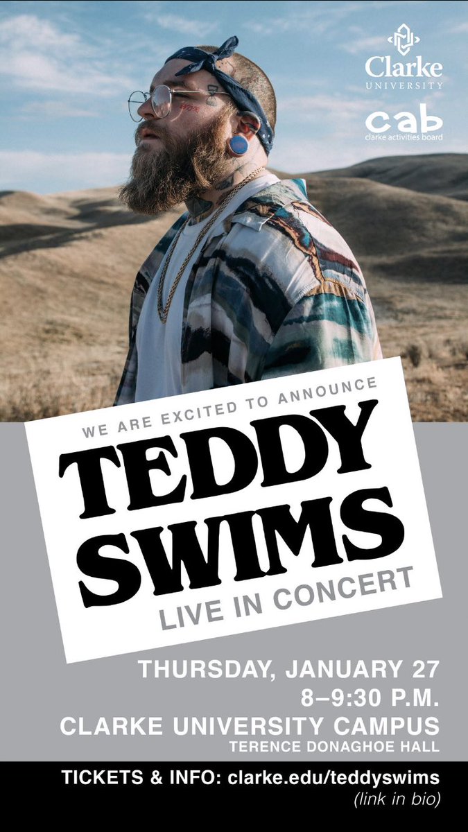 Clarke_CAB's tweet photo. ICYMI: Teddy Swims was on The Late Show with Seth Meyers earlier this week! https://t.co/KLLhh4c8BZ

Grab your digital ticket for his concert at Clarke on Thursday (Jan. 27)! https://t.co/6goIri1THv 
(FREE for students/employees with promo code found in your email) https://t.co/u79UvqM2Oo