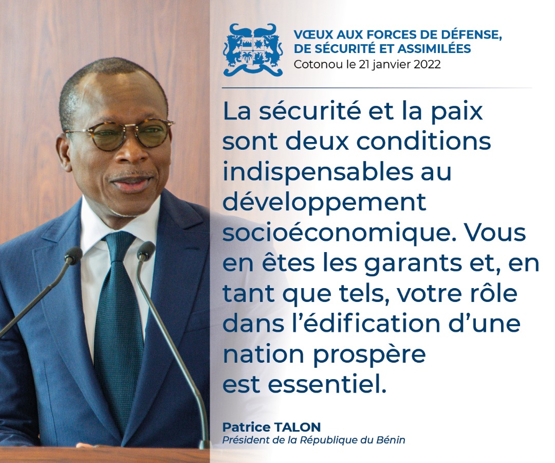 PresidenceBenin's tweet photo. #DiscoursPrBenin #Wasexo #VoeuxPrBenin :
Quelques phrases fortes du discours du #PrBenin, @PatriceTalonPR, en rĂ©ponse au message de vĆux des Forces de dĂ©fense, de sĂ©curitĂ© et assimilĂ©s, le vendredi 21 janvier 2022 au Palais de la Marina. https://t.co/dGCeCkC7y0