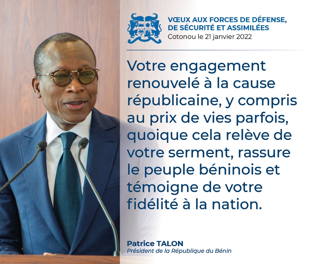 PresidenceBenin's tweet photo. #DiscoursPrBenin #Wasexo #VoeuxPrBenin :
Quelques phrases fortes du discours du #PrBenin, @PatriceTalonPR, en rĂ©ponse au message de vĆux des Forces de dĂ©fense, de sĂ©curitĂ© et assimilĂ©s, le vendredi 21 janvier 2022 au Palais de la Marina. https://t.co/dGCeCkC7y0