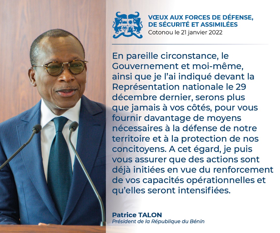 PresidenceBenin's tweet photo. #DiscoursPrBenin #Wasexo #VoeuxPrBenin :
Quelques phrases fortes du discours du #PrBenin, @PatriceTalonPR, en rĂ©ponse au message de vĆux des Forces de dĂ©fense, de sĂ©curitĂ© et assimilĂ©s, le vendredi 21 janvier 2022 au Palais de la Marina. https://t.co/AxvVO1SjrM