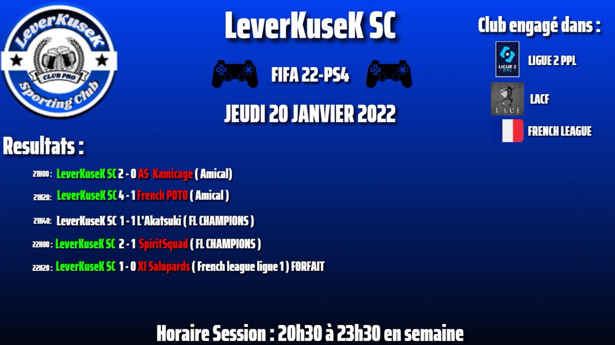 Les résultats dès match de compétition de jeudi