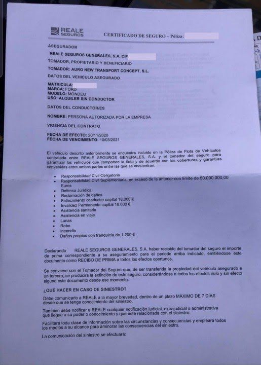 David_Diaz_Gonz's tweet photo. Seguros de vehiculos como este nos encontramos a diario en vehículos vtc. Vehículos que realizan el transporte de pasajeros sin un seguro adecuado y ajustado a su tipología. En caso de accidente, la compañía aseguradora NO cubrirá daños de los pasajeros/peatones. https://t.co/gnwYfKaHUG