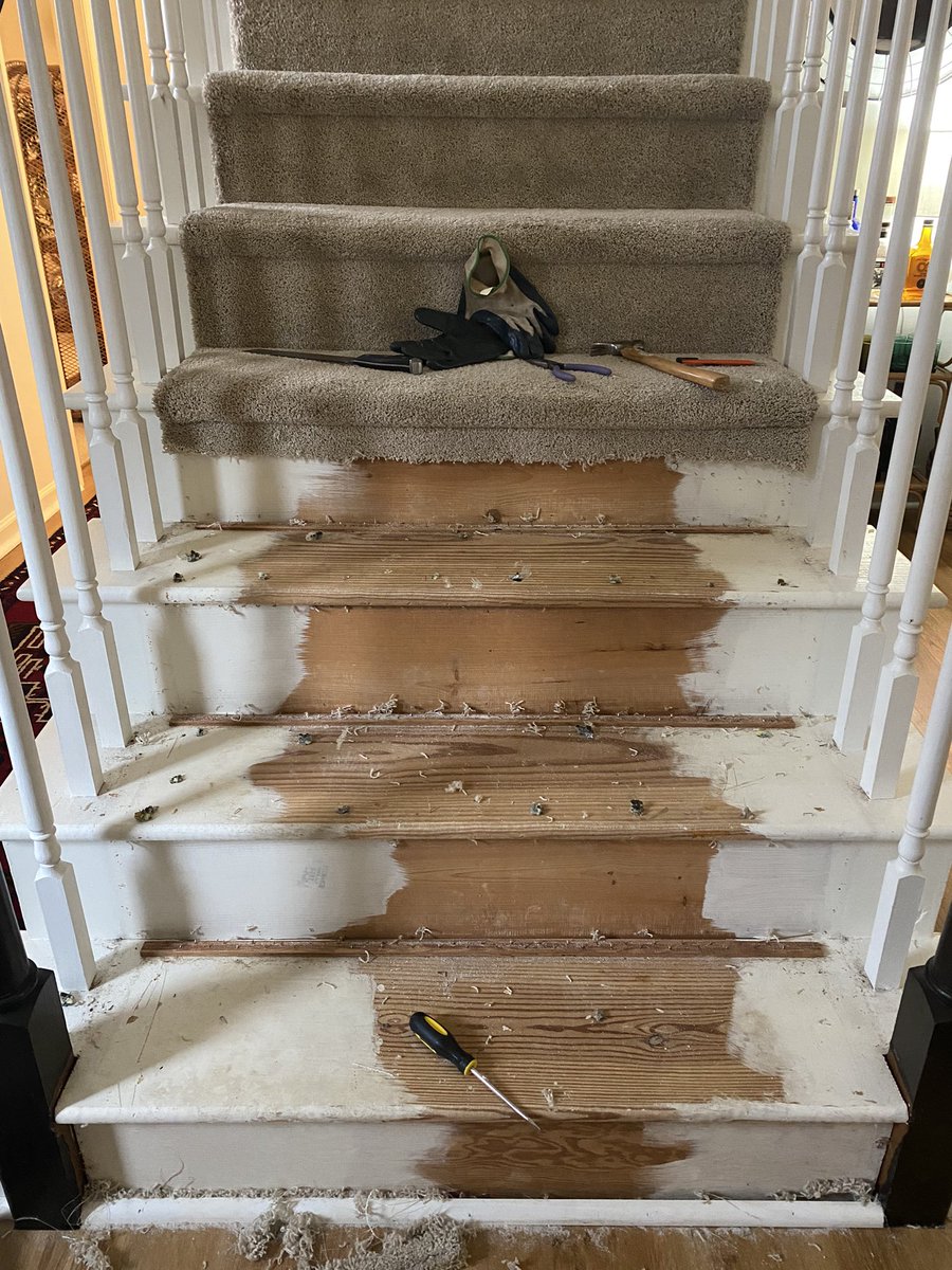 On this snow weekend, I decided to redo my stairs. Word to the wise: If you ever find yourself wanting to tackle this project, do not. Pay someone to do it. But not me, I will never be doing this again.