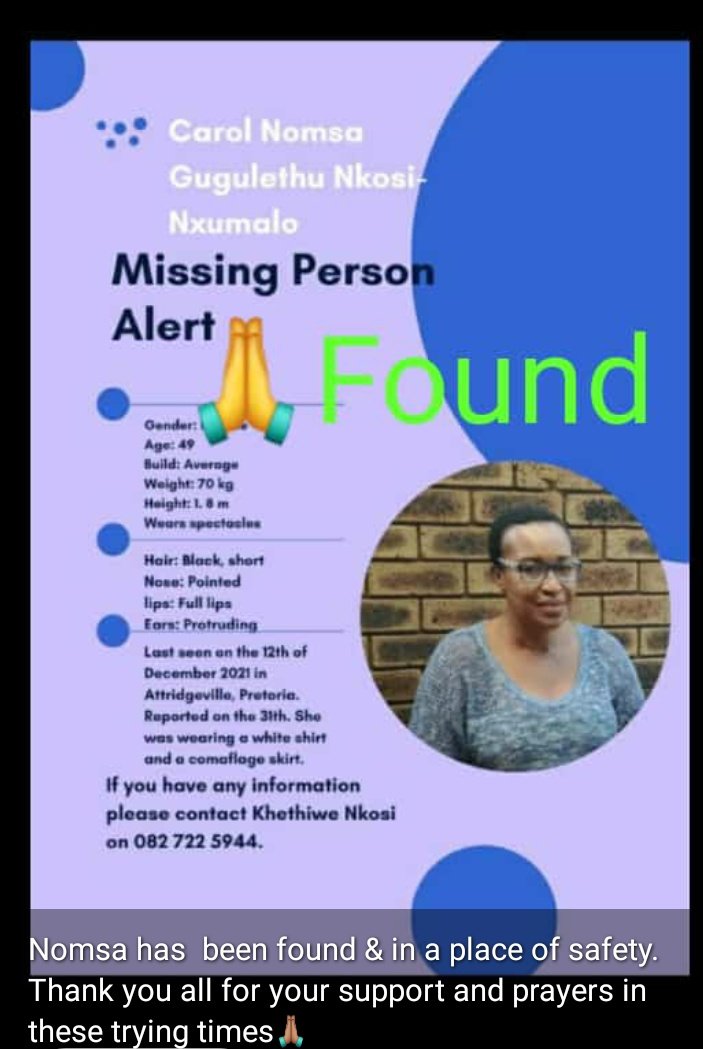 AdvRadebe's tweet photo. Thank you so much for the prayers love &amp; support. Nomsa has been found and is aafe at home🤗💃 we appreciated it all https://t.co/tmKjElHuvE