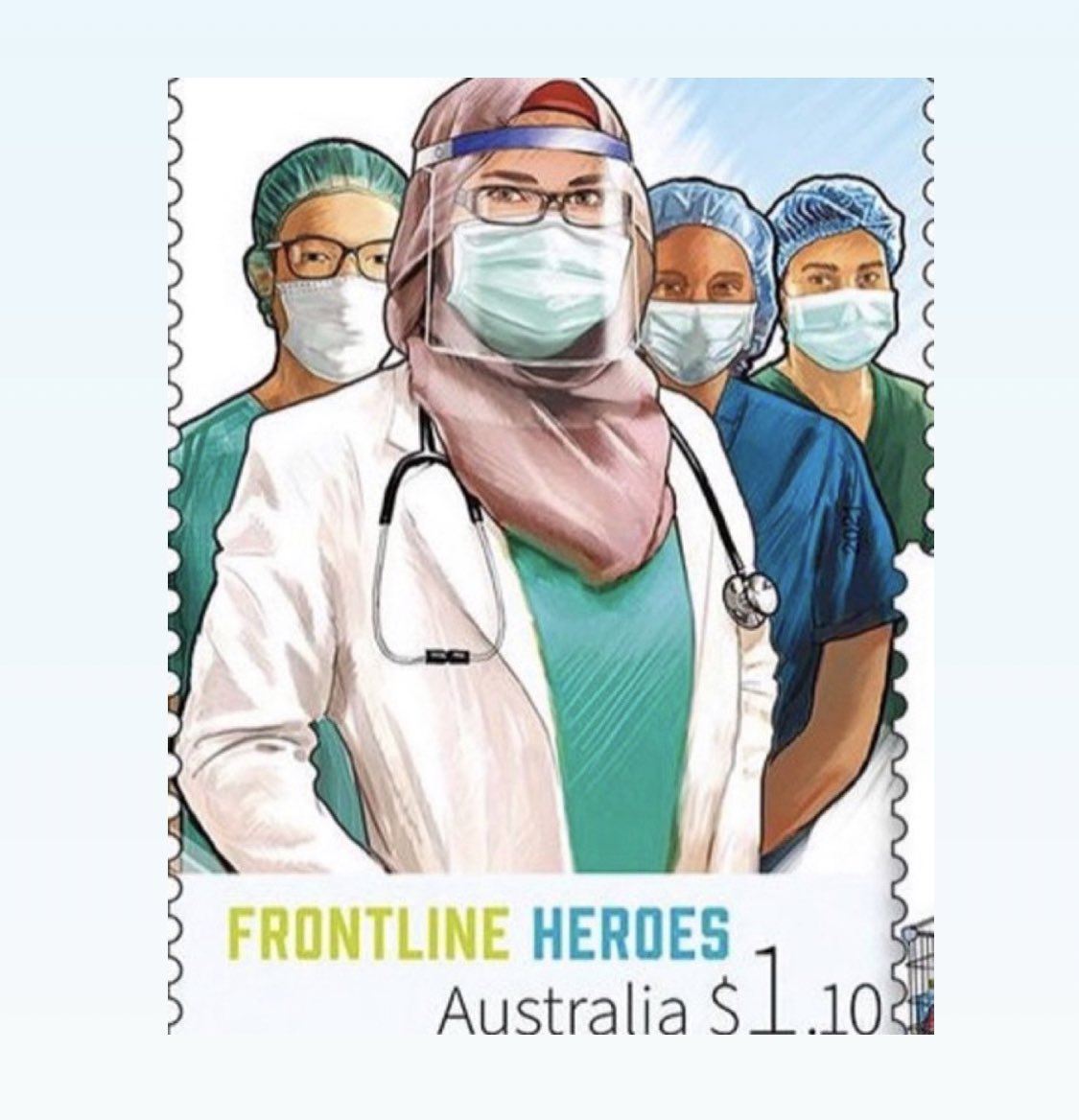 sanamwazir's tweet photo. A Muslim woman wearing a hijab is at the front of new stamps issued by Australia honouring Pandemic heroes. 

Shame on France for banning it and all those colleges which are barring it. https://t.co/NG5r8AcN0l