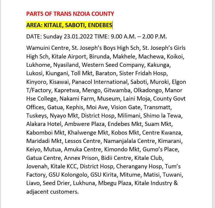 Good evening,
These areas will be affected by scheduled power interruptions to carry out network maintenance. ^MO